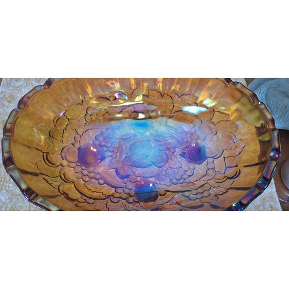 Carnival Glass 12" Oval 4- Footed Fruit Bowl- Amber- Fruit Motif- Indiana Glass - Picture 9 of 10